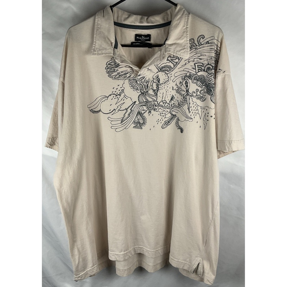 Marc Ecko Cut & Sew Mens 3XL Cream Graphic  Two Button Short Sleeve Shirt Y2K
